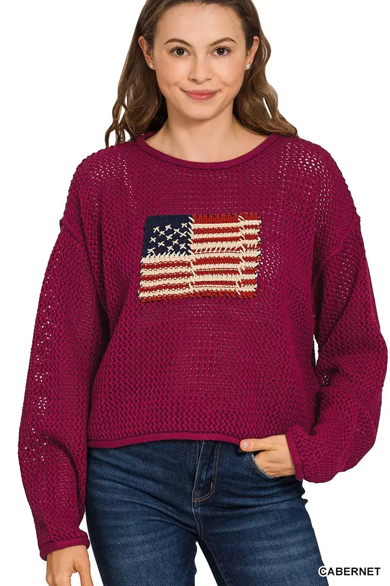 Zenana American Flag Crew Neck Sweater - Trendsi - Flyclothing LLC