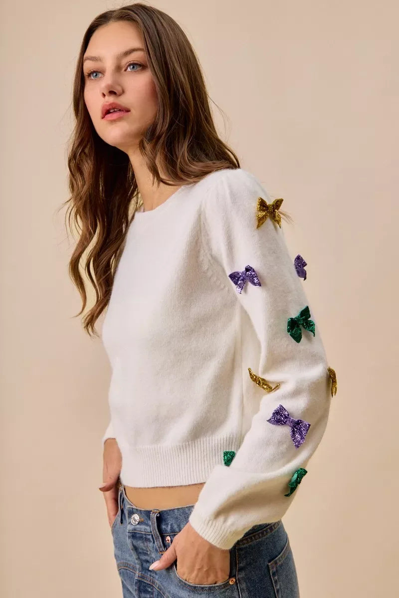 SO ME Mardi Gras Glitter Bow Ribbon Sweater Knit Top - Trendsi - Flyclothing LLC