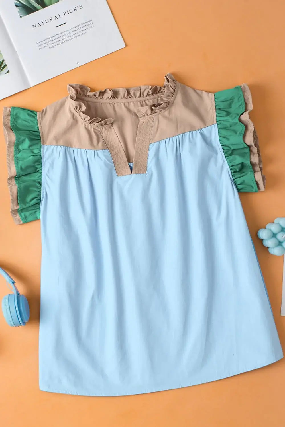 Color Block Notched Ruffled Cap Sleeve Blouse - Trendsi - Flyclothing LLC