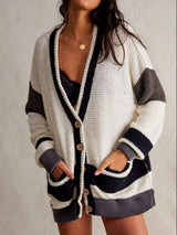 Pocketed Contrast V-Neck Long Sleeve Cardigan - Trendsi - Flyclothing LLC
