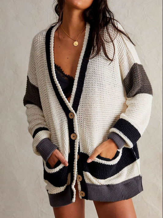 Pocketed Contrast V-Neck Long Sleeve Cardigan - Trendsi