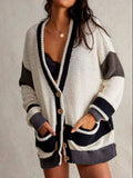 Pocketed Contrast V-Neck Long Sleeve Cardigan - Trendsi - Flyclothing LLC