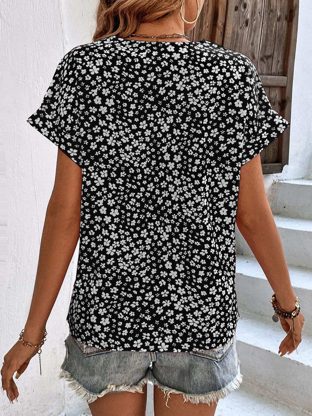 Printed V-Neck Short Sleeve Blouse - Trendsi - Flyclothing LLC
