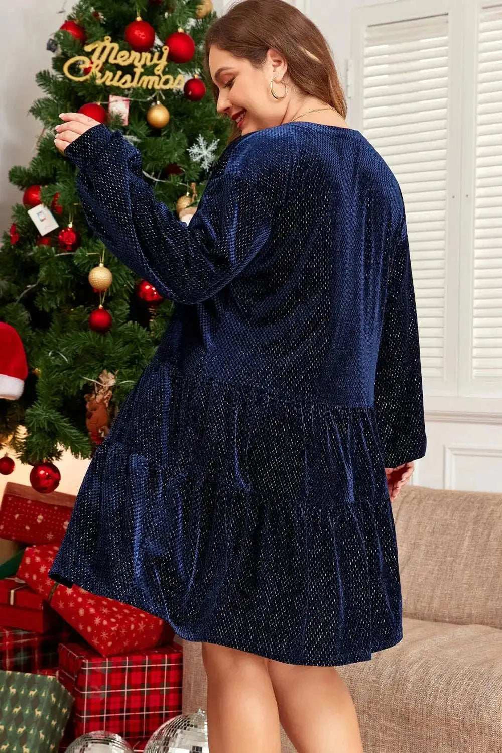 Plus Size Textured Velvet Decorative Button Long Sleeve Dress - Trendsi - Flyclothing LLC