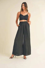 MABLE Smocked Bralette Crop Top and Wide Leg Pants Set - Trendsi - Flyclothing LLC