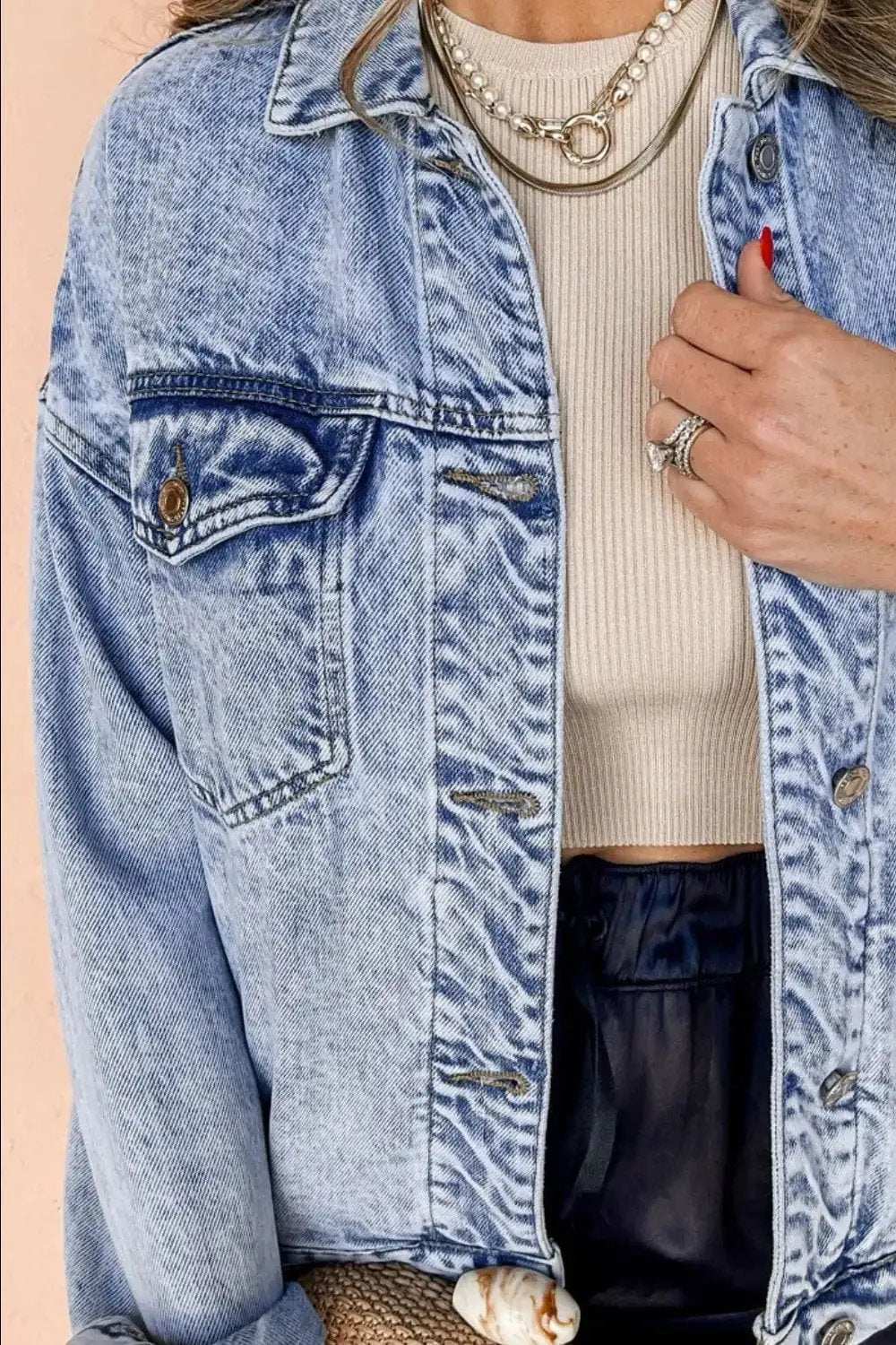 Pocketed Button Up Dropped Shoulder Denim Jacket - Trendsi - Flyclothing LLC