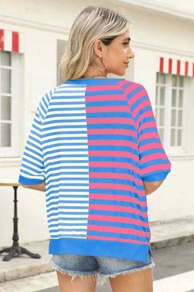Striped Round Neck Half Sleeve T-Shirt - Trendsi - Flyclothing LLC