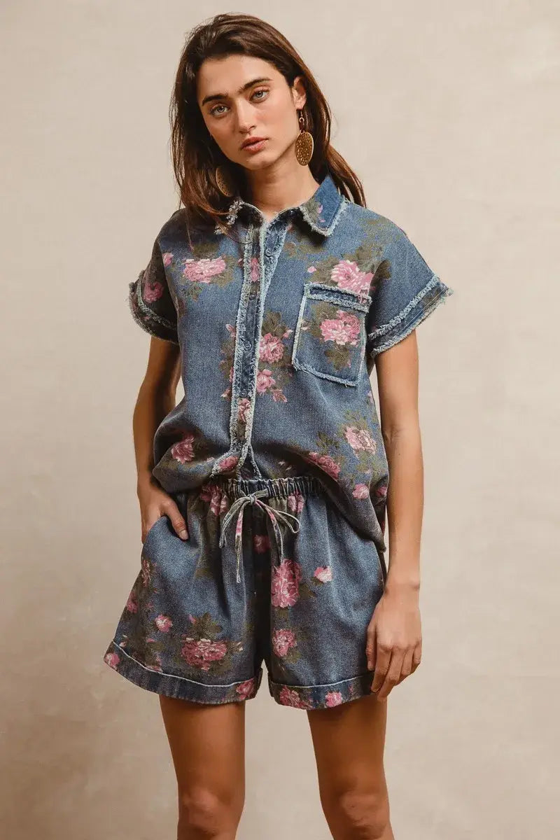 BiBi Floral Printed Denim Short Pants With Pocket - Trendsi - Flyclothing LLC