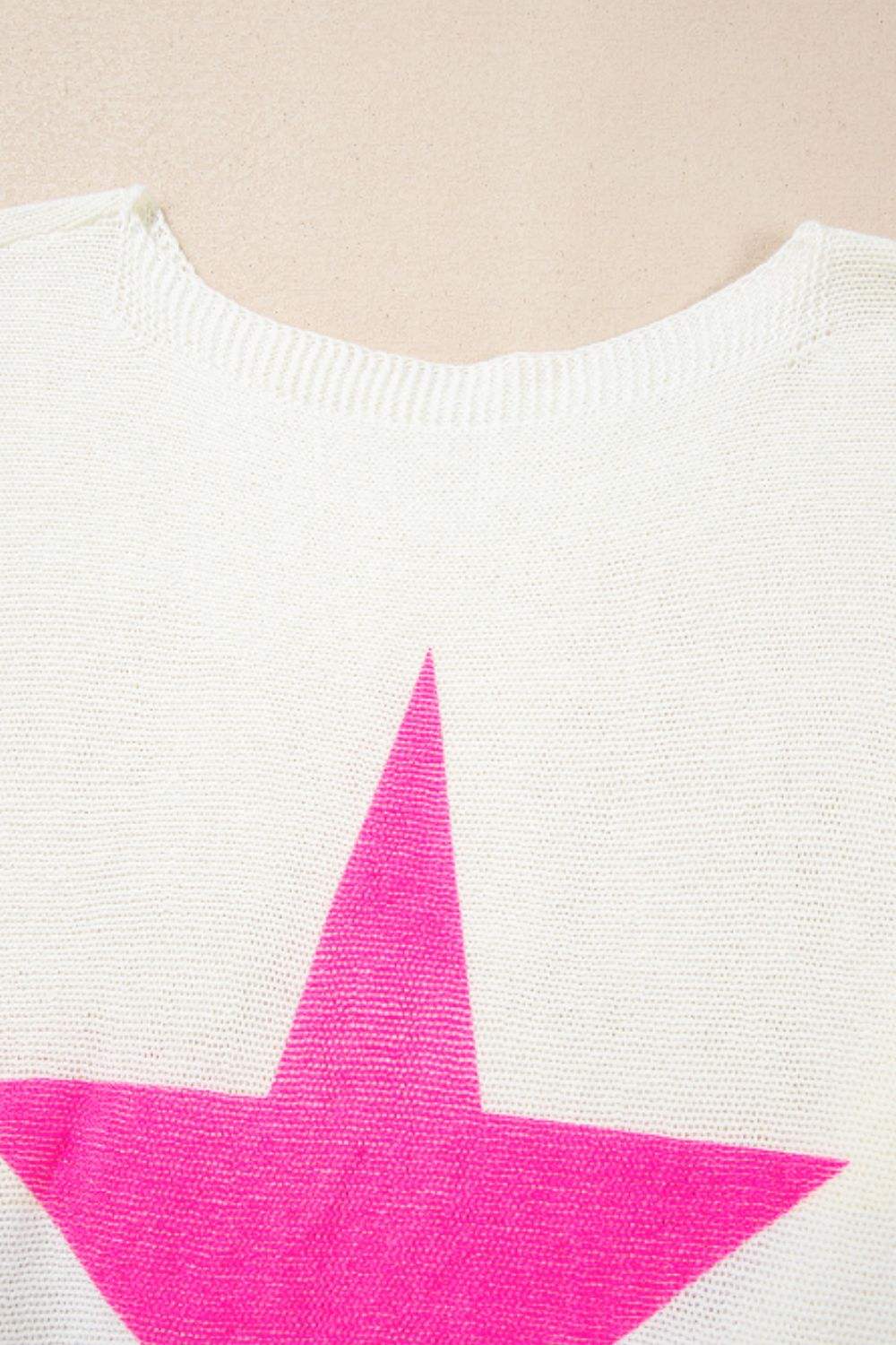 Star Contrast Round Neck Long Sleeve Knit Top - Trendsi - Flyclothing LLC