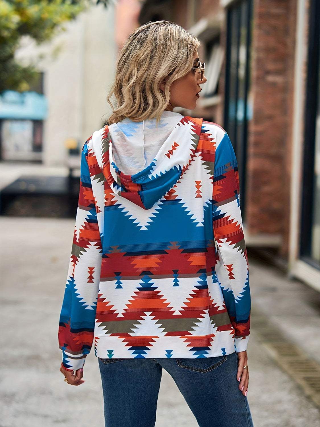 Geometric Zip Up Long Sleeve Hooded Jacket - Trendsi - Flyclothing LLC