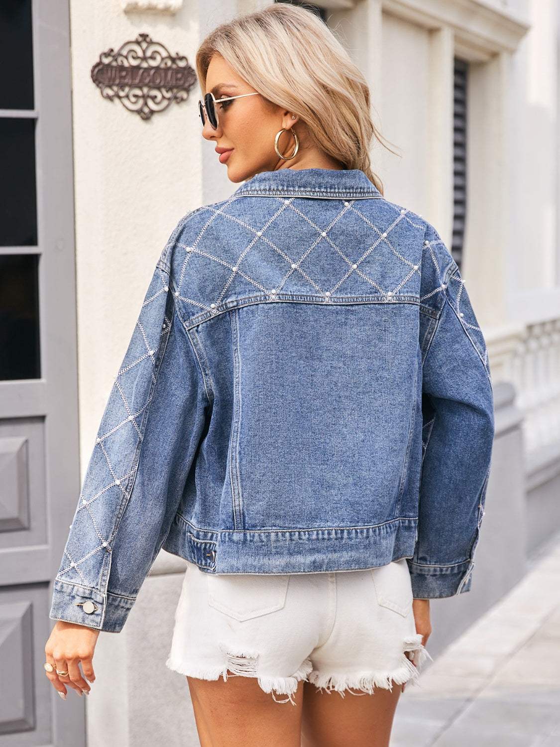 Pearl Trim Long Sleeve Denim Jacket - Trendsi - Flyclothing LLC