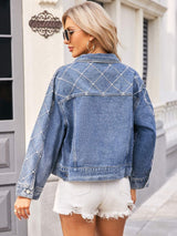 Pearl Trim Long Sleeve Denim Jacket - Trendsi - Flyclothing LLC