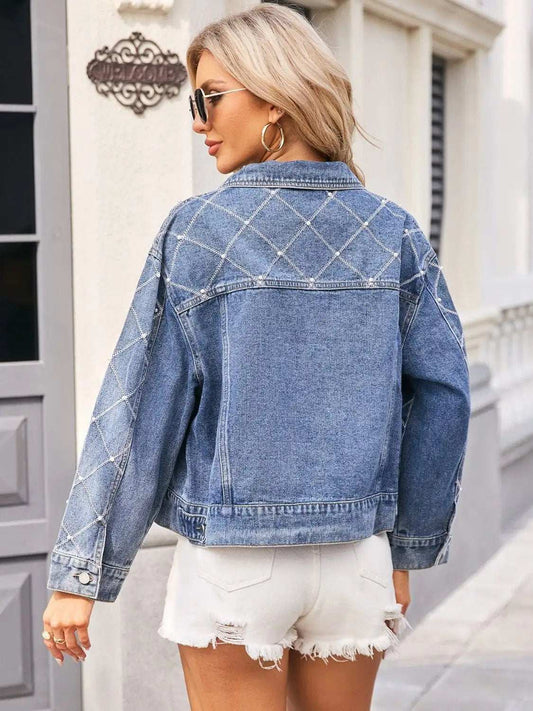 Pearl Trim Long Sleeve Denim Jacket - Trendsi - Flyclothing LLC