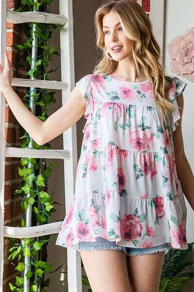 Heimish Full Size Butterfly Short Sleeve Round Neck Floral Print Tiered Top Plus Size - Trendsi - Flyclothing LLC