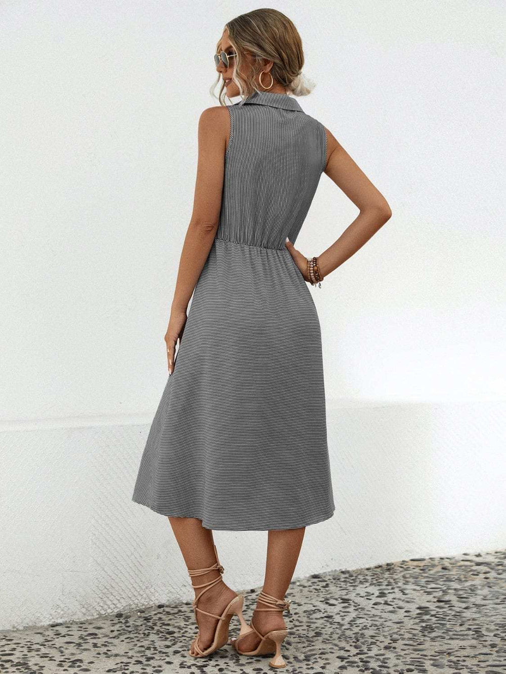 Striped Collared Neck Sleeveless Midi Dress - Trendsi - Flyclothing LLC