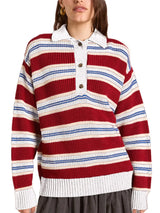 Striped Button Detail Polo Collar Sweater - Trendsi - Flyclothing LLC