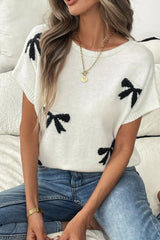 Bow Pattern Knit Short Sleeve Sweater - Trendsi - Flyclothing LLC