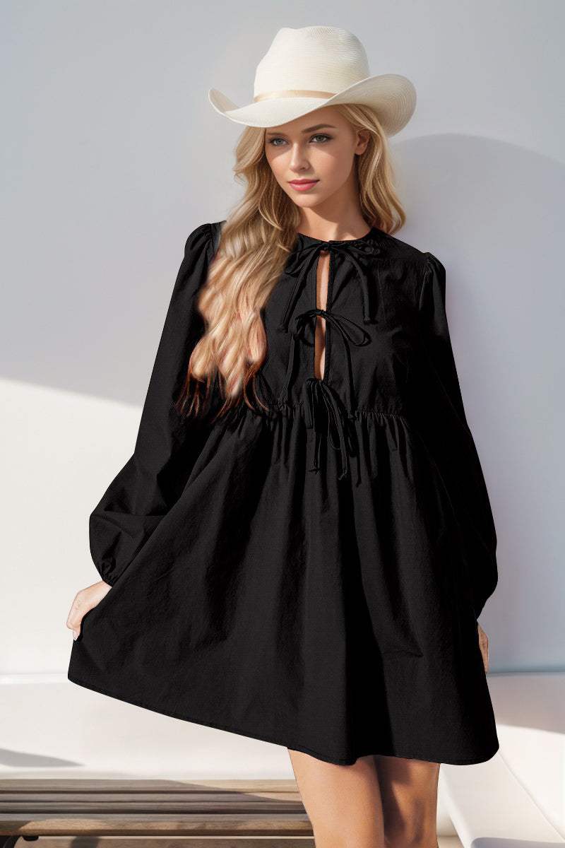 Double Take Tied Long Sleeve Mini Dress - Trendsi - Flyclothing LLC