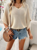 V-Neck Batwing Sleeve Knit Top - Trendsi - Flyclothing LLC
