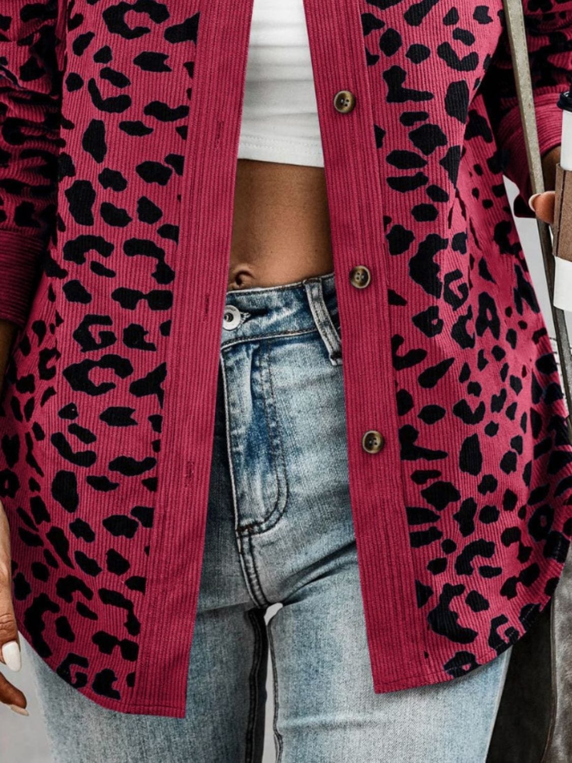 Full Size Leopard Collared Neck Button Up Long Sleeve Jacket - Trendsi