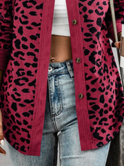 Full Size Leopard Collared Neck Button Up Long Sleeve Jacket - Trendsi