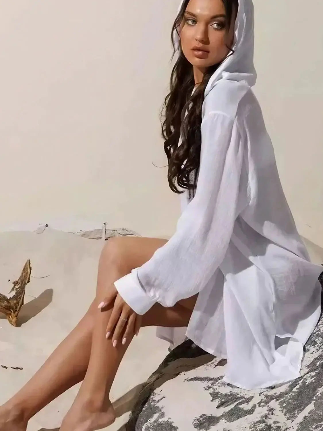 Button Down Hooded Cover-Up - Trendsi - Flyclothing LLC