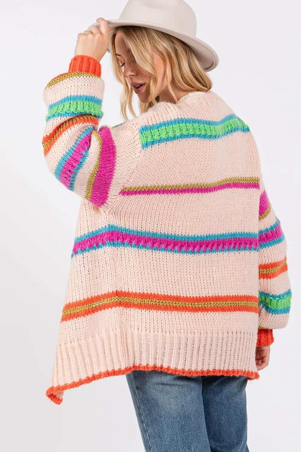 SAGE + FIG Rainbow Striped Open Front Knit Cardigan - Trendsi - Flyclothing LLC