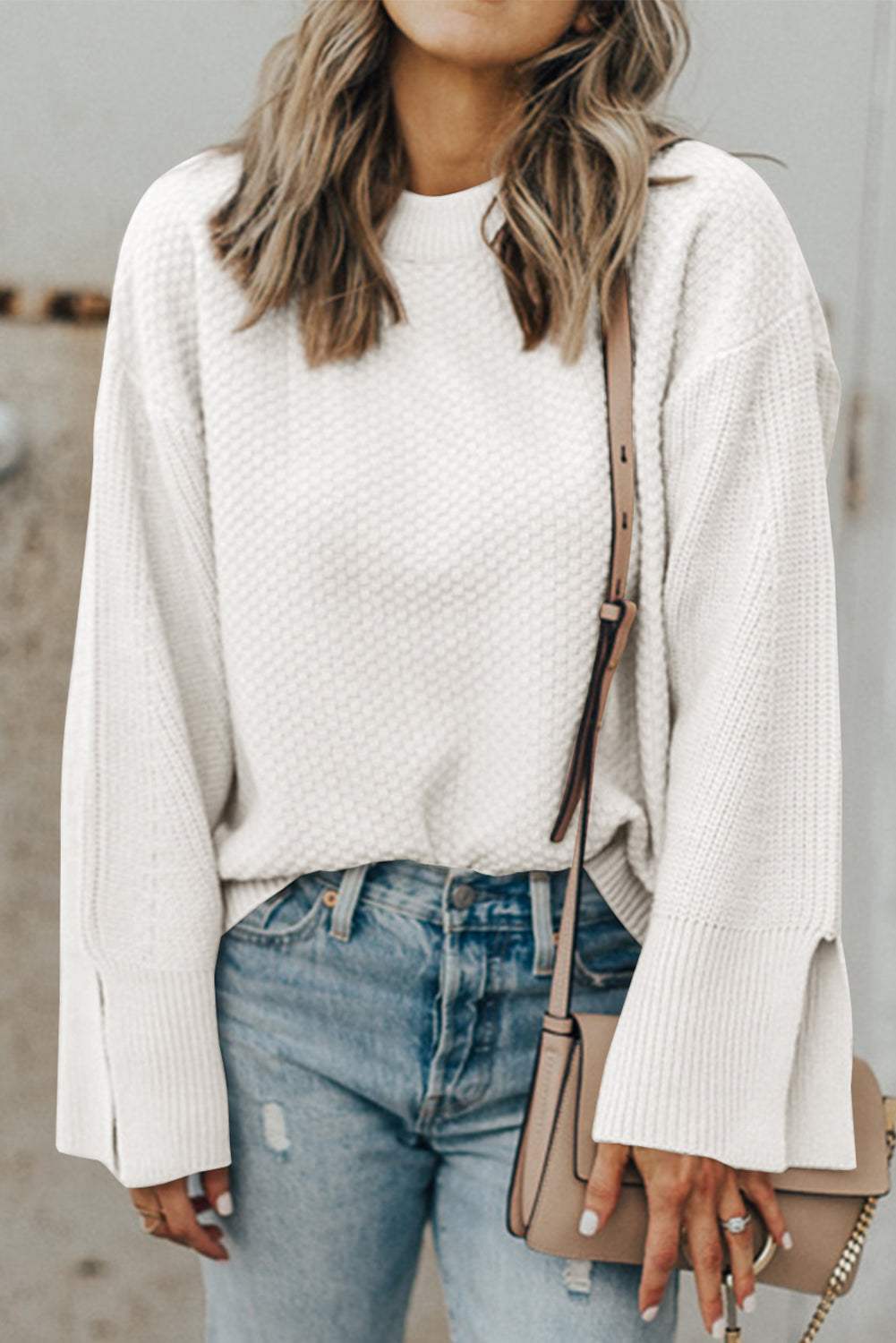 Textured Round Neck Long Sleeve Sweater - Trendsi - Flyclothing LLC