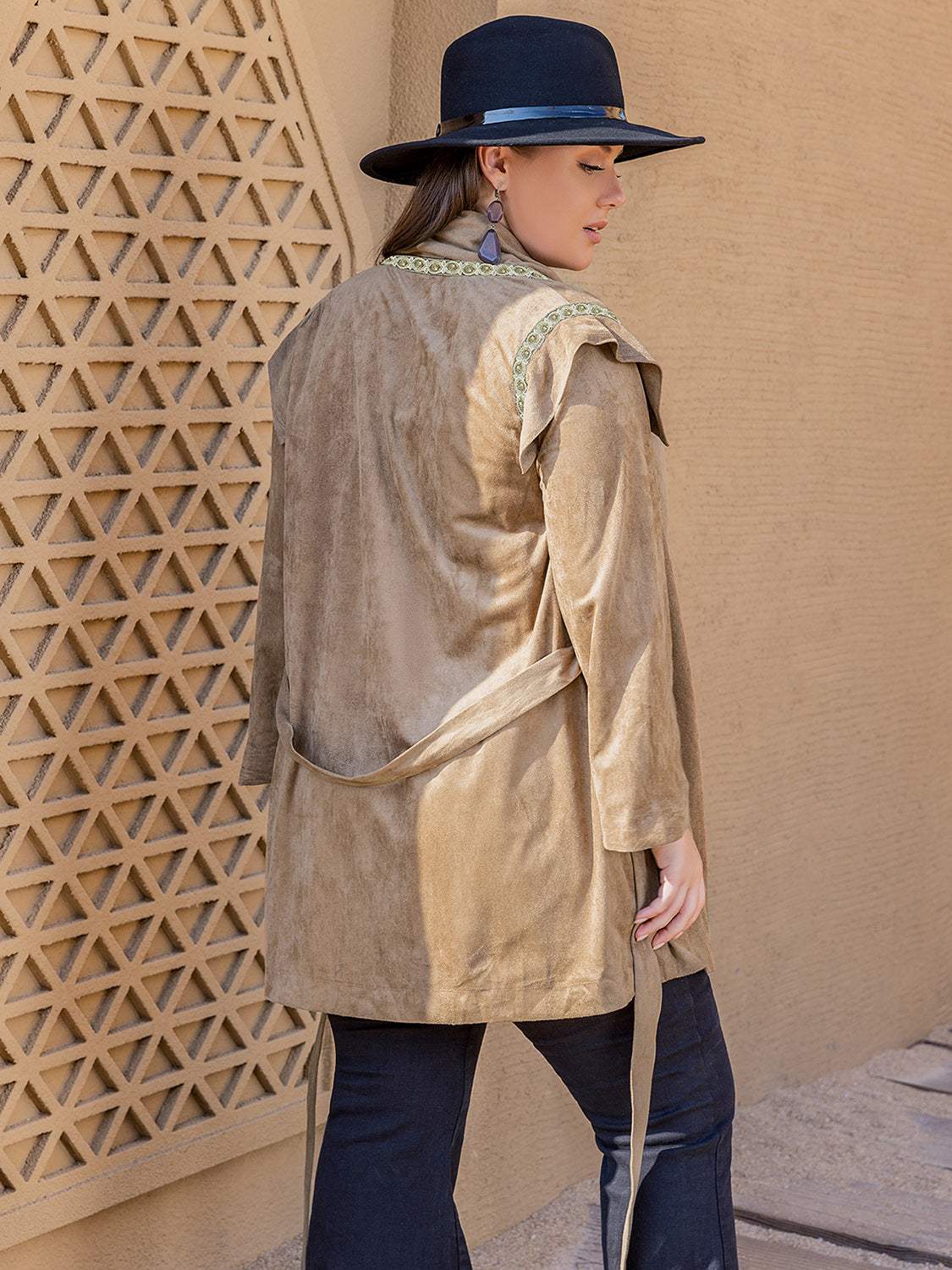 Plus Size Long Sleeve Tie Waist Cardigan - Trendsi - Flyclothing LLC