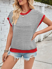 Lovelet Striped Round Neck Cap Sleeve Sweater - Trendsi