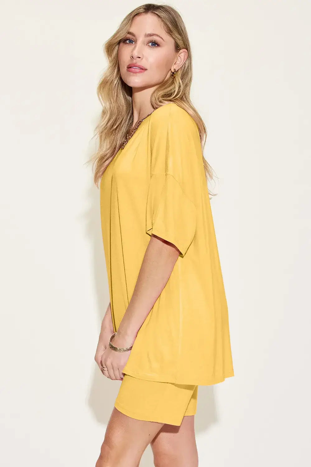 Basic Bae Bamboo Full Size V-Neck Drop Shoulder T-Shirt and Shorts Set - Trendsi - Flyclothing LLC