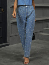 Pearl Detail Straight Jeans with Pockets - Trendsi - Flyclothing LLC