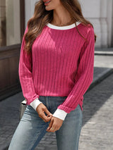 Ribbed Round Neck Raglan Sleeve Knit Top - Trendsi - Flyclothing LLC