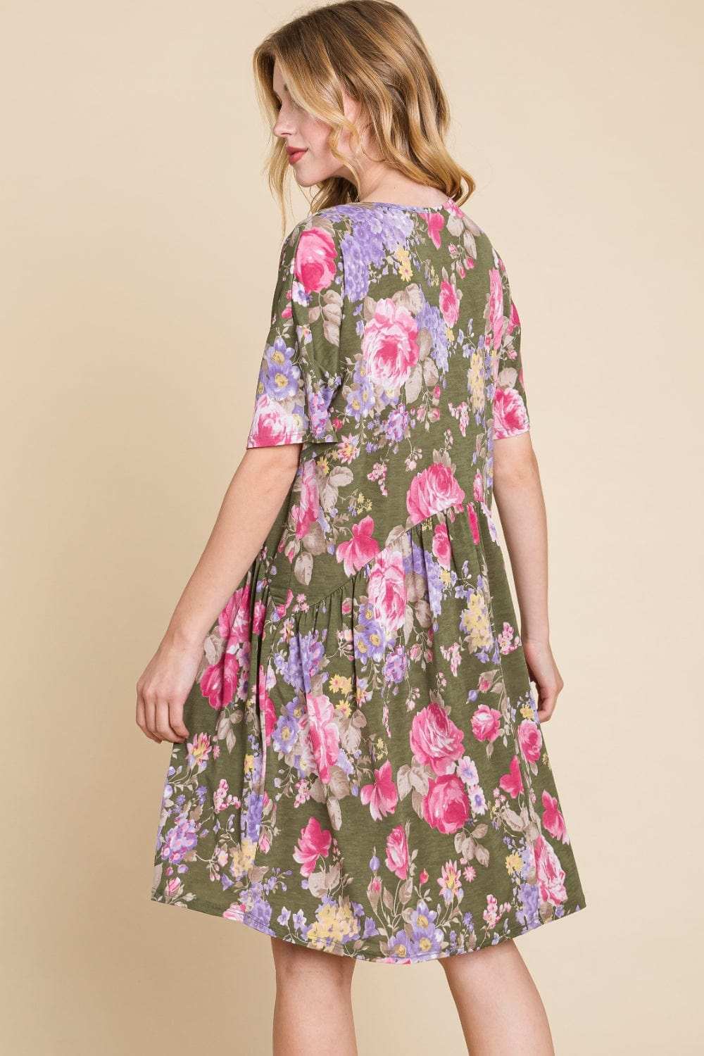 BOMBOM Flower Print V-Neck Ruched Dress - Trendsi - Flyclothing LLC