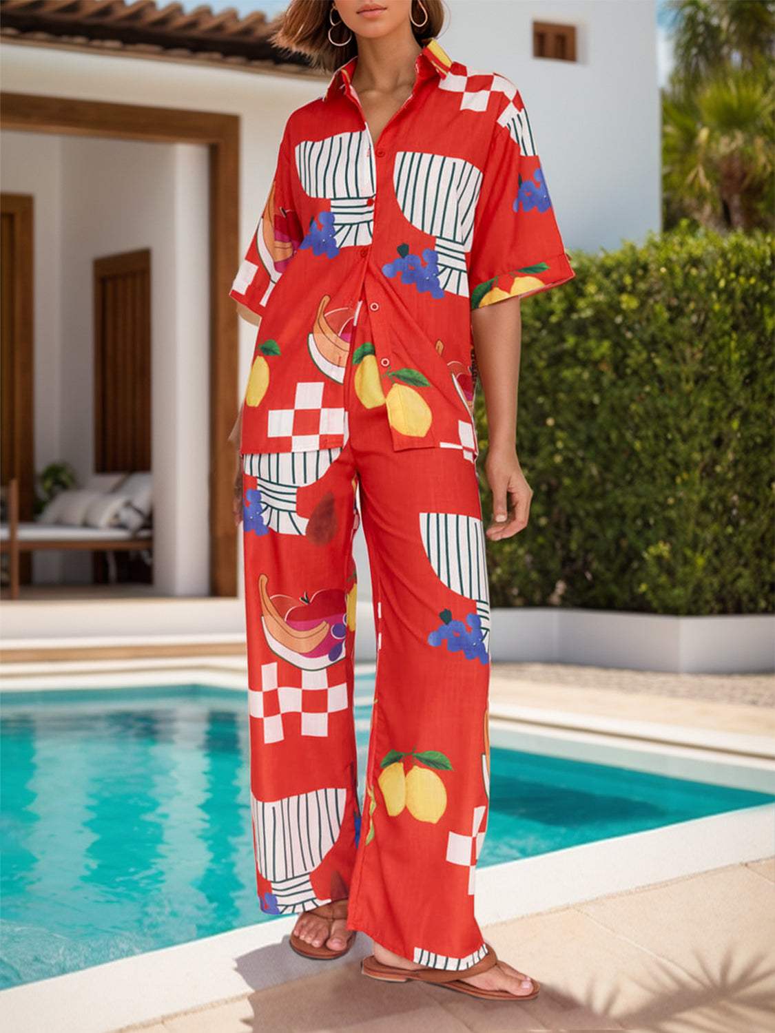 Printed Dropped Shoulder Top and Wide Leg Pants Set - Trendsi - Flyclothing LLC