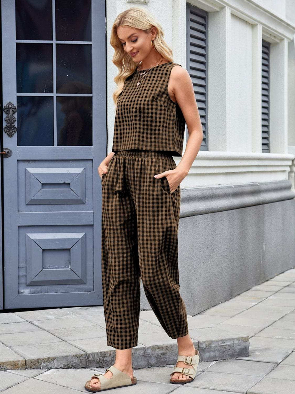 Plaid Sleeveless Top and Pants Set - Trendsi - Flyclothing LLC