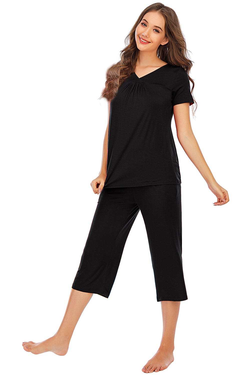 V-Neck Short Sleeve Top and Pants Lounge Set - Trendsi - Flyclothing LLC