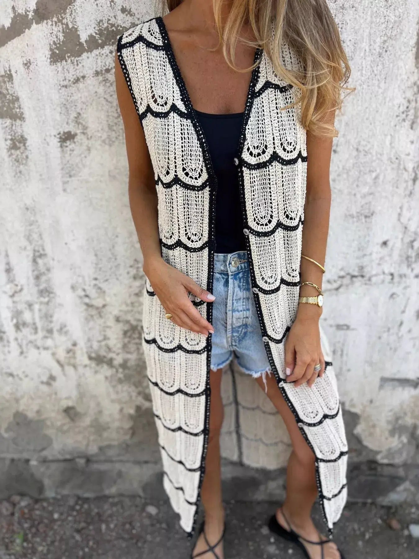 Sleeveless Crochet Longline Cardigan - Trendsi - Flyclothing LLC