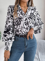 Printed Collared Neck Lantern Sleeve Shirt - Trendsi - Flyclothing LLC