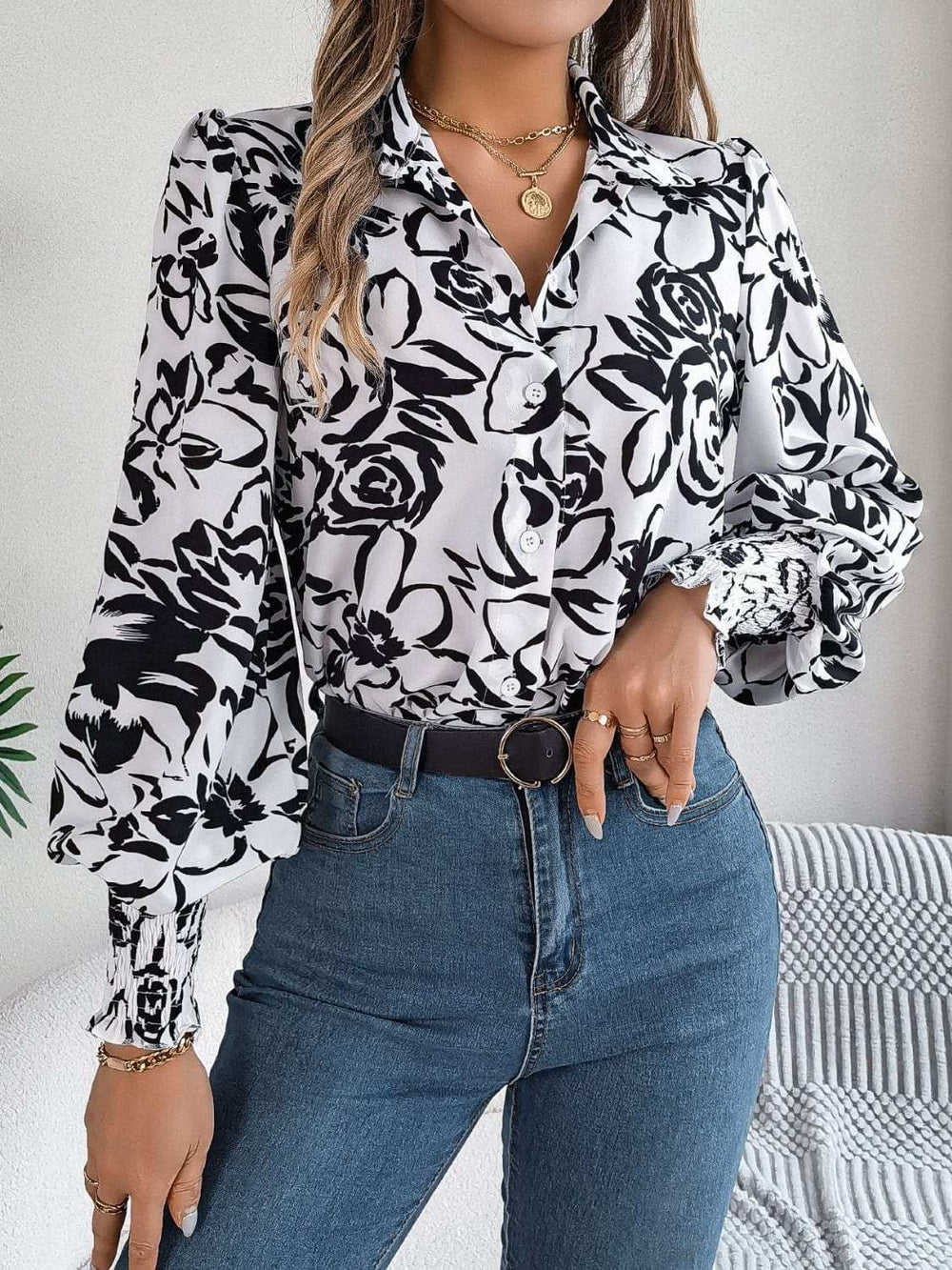 Printed Collared Neck Lantern Sleeve Shirt - Trendsi - Flyclothing LLC