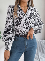 Printed Collared Neck Lantern Sleeve Shirt - Trendsi