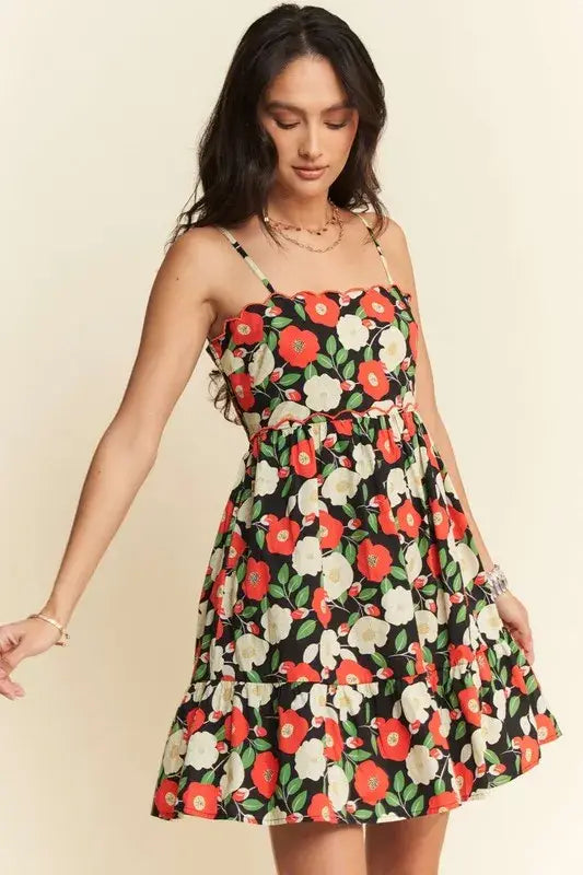 Davi & Dani Floral Scalloped Cutout Back Mini Dress - Trendsi - Flyclothing LLC