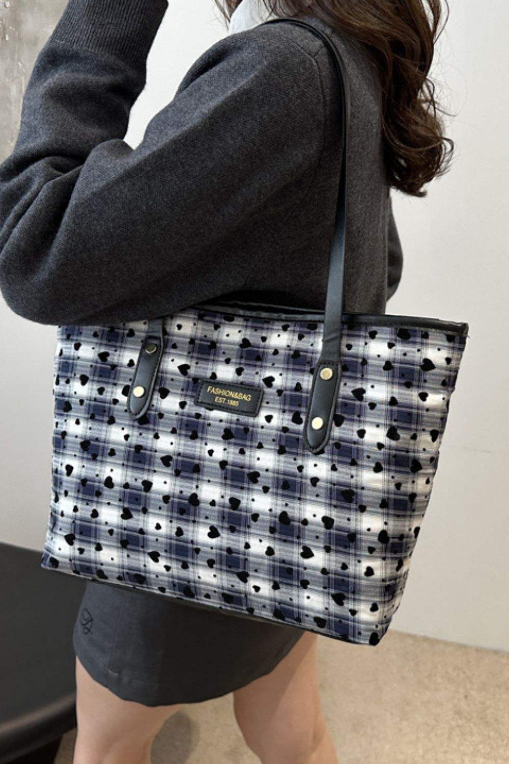 Heart Plaid PU Leather Strap Tote Bag - Trendsi - Flyclothing LLC