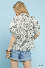 Umgee Mixed Print Puff Sleeve Split Neck Top - Trendsi - Flyclothing LLC