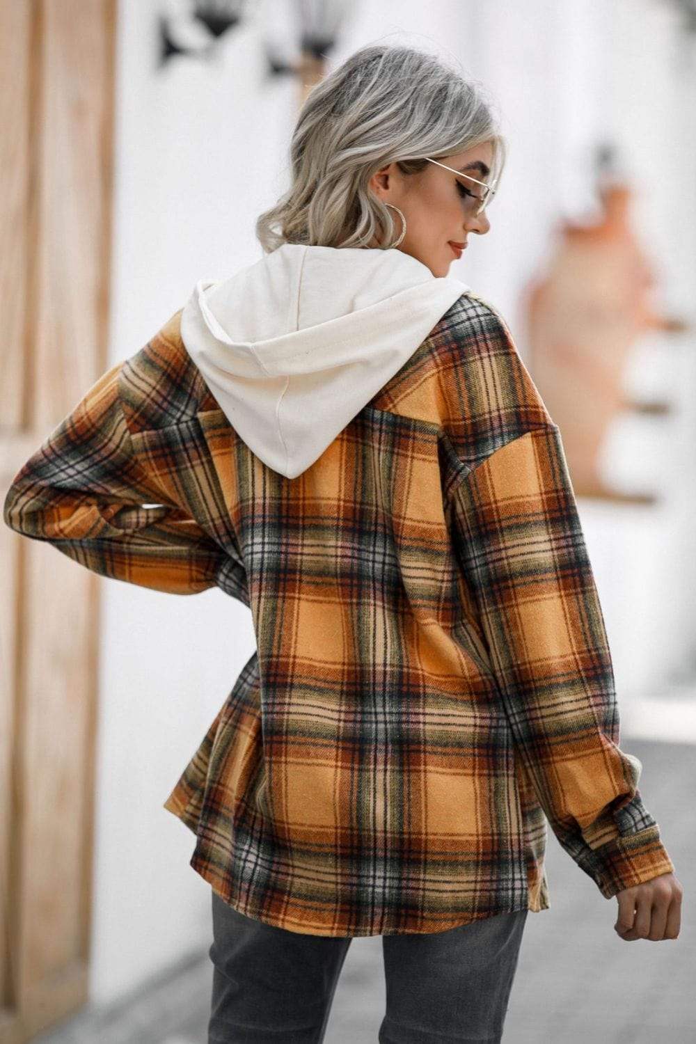 Drawstring Plaid Long Sleeve Hooded Shacket - Trendsi - Flyclothing LLC