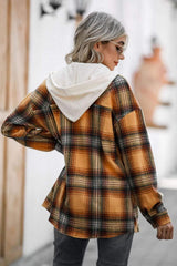 Drawstring Plaid Long Sleeve Hooded Shacket - Trendsi - Flyclothing LLC