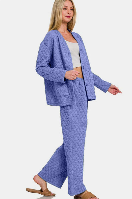 Zenana Quilted Button Up Long Sleeve Top and Pants Lounge Set - Trendsi - Flyclothing LLC