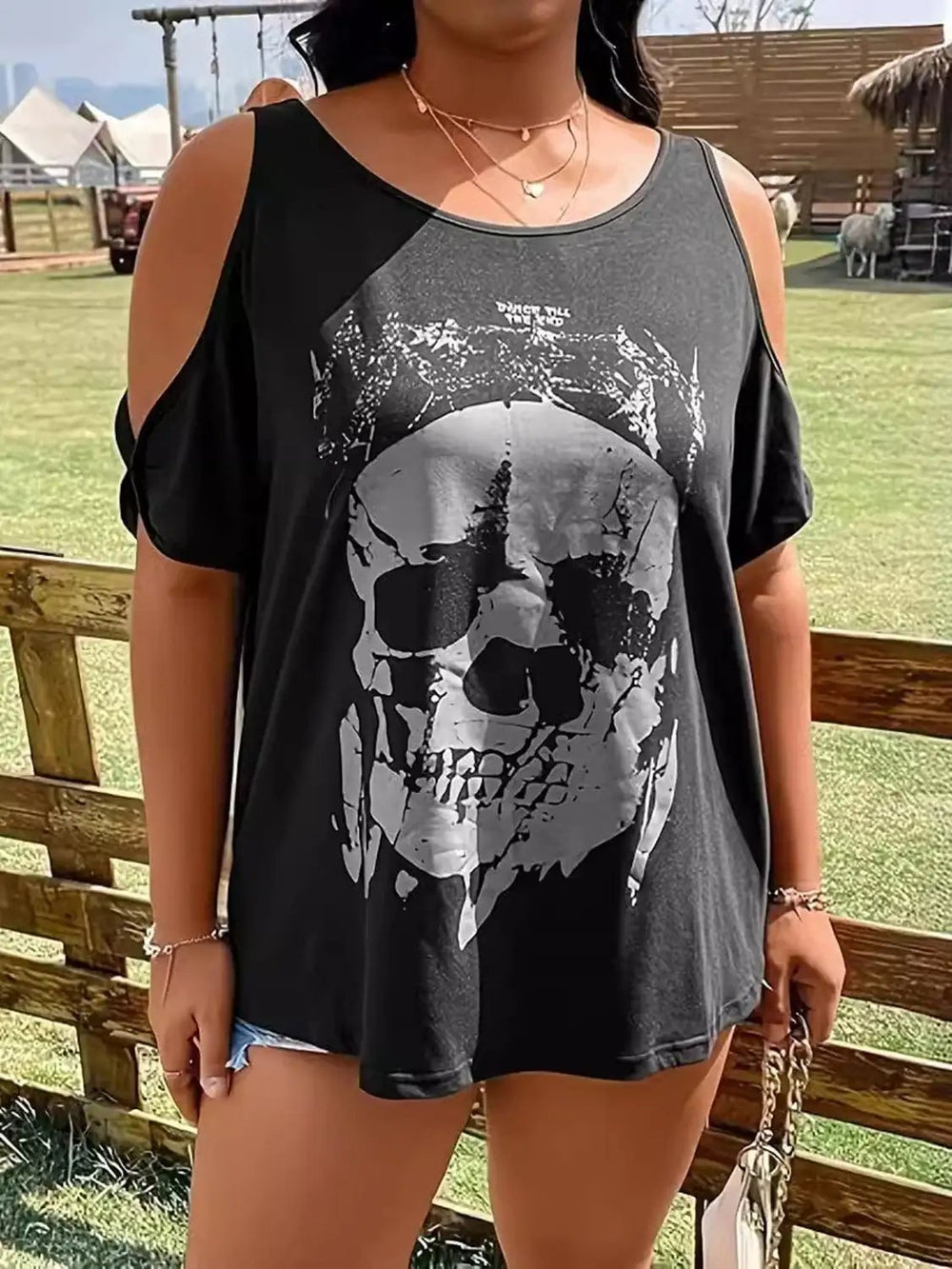 Plus Size Skeleton Graphic Round Neck Cold Shoulder T-Shirt - Trendsi