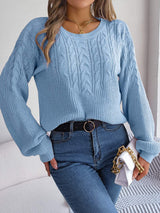 Cable-Knit Round Neck Drop Shoulder Sweater - Trendsi - Flyclothing LLC
