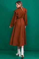 TIER ELEGANCE BROWN WOVEN MIDI DRESS - Flying Tomato - Flyclothing LLC